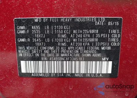 2015 Subaru Outback 2.5I Limited from USA, damaged, VIN 4S4BSBNC8F3345183